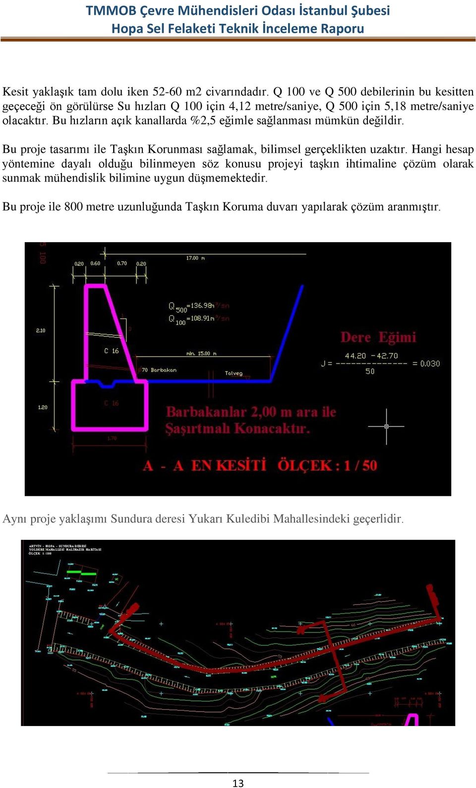 Bu hızların açık kanallarda %2,5 eğimle sağlanması mümkün değildir. Bu proje tasarımı ile TaĢkın Korunması sağlamak, bilimsel gerçeklikten uzaktır.