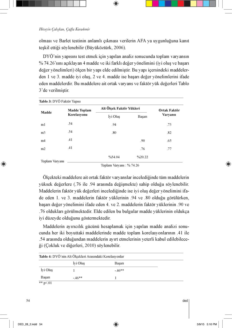 26 sını açıklayan 4 madde ve iki farklı değer yönelimini (iyi oluş ve başarı değer yönelimleri) ölçen bir yapı elde edilmiştir. Bu yapı içersindeki maddelerden 1 ve 3. madde iyi oluş, 2 ve 4.