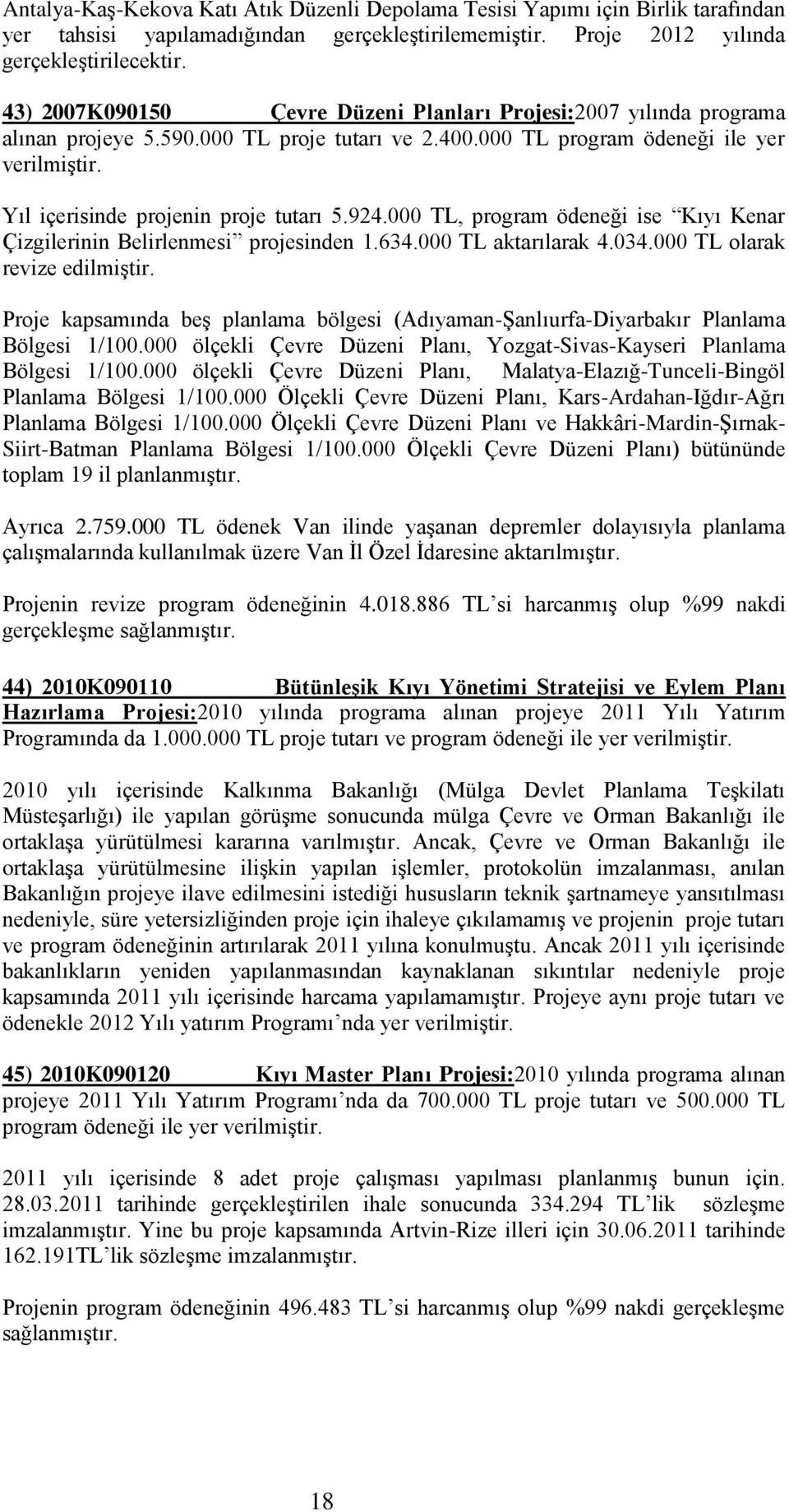 Yıl içerisinde projenin proje tutarı 5.924.000 TL, program ödeneği ise Kıyı Kenar Çizgilerinin Belirlenmesi projesinden 1.634.000 TL aktarılarak 4.034.000 TL olarak revize edilmiştir.