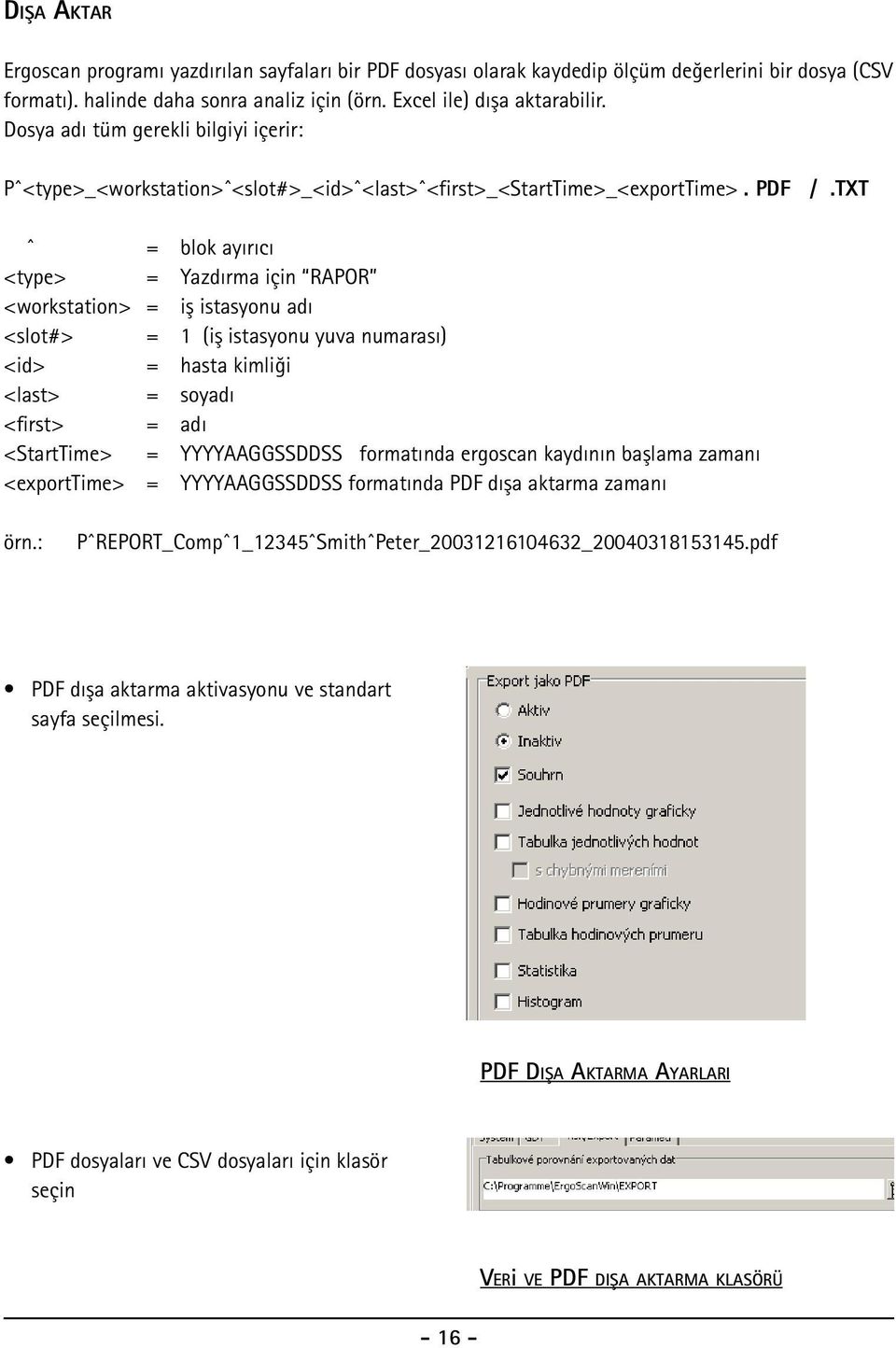 TXT ^ = blok ayırıcı <type> = Yazdırma için RAPOR <workstation> = iş istasyonu adı <slot#> = 1 (iş istasyonu yuva numarası) <id> = hasta kimliği <last> = soyadı <first> = adı <StartTime> =