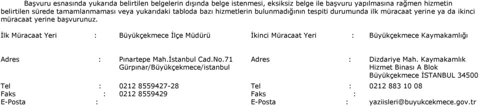 İlk Müracaat Yeri : Büyükçekmece İlçe Müdürü İkinci Müracaat Yeri : Büyükçekmece Kaymakamlığı Adres : Pınartepe Mah.İstanbul Cad.No.