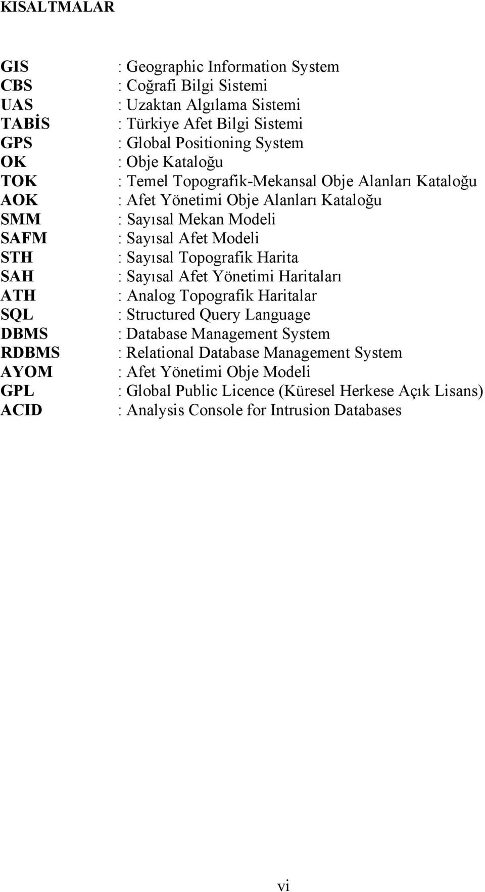 Sayısal Mekan Modeli : Sayısal Afet Modeli : Sayısal Topografik Harita : Sayısal Afet Yönetimi Haritaları : Analog Topografik Haritalar : Structured Query Language : Database