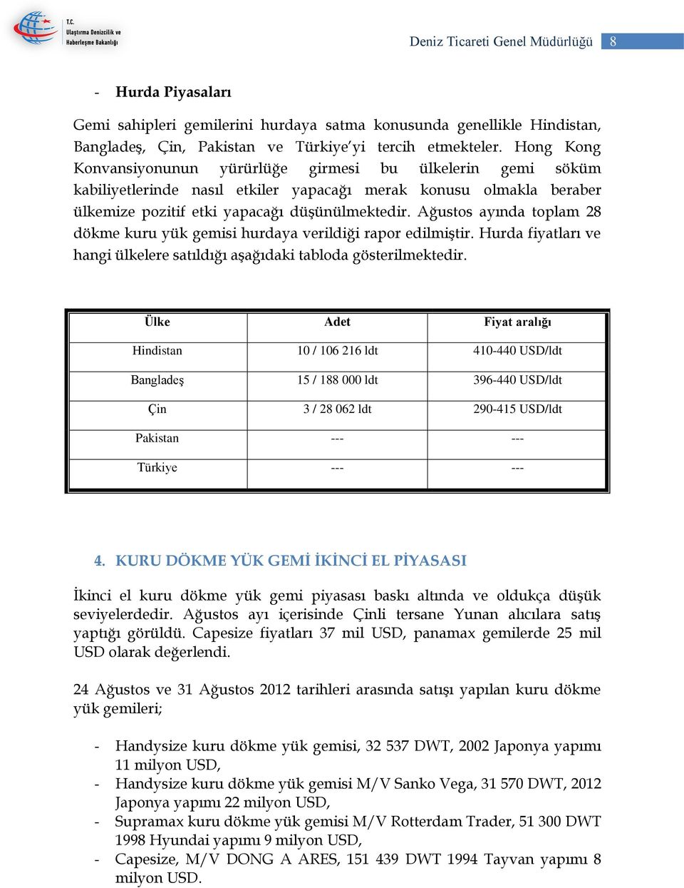 Ağustos ayında toplam 28 dökme kuru yük gemisi hurdaya verildiği rapor edilmiştir. Hurda fiyatları ve hangi ülkelere satıldığı aşağıdaki tabloda gösterilmektedir.