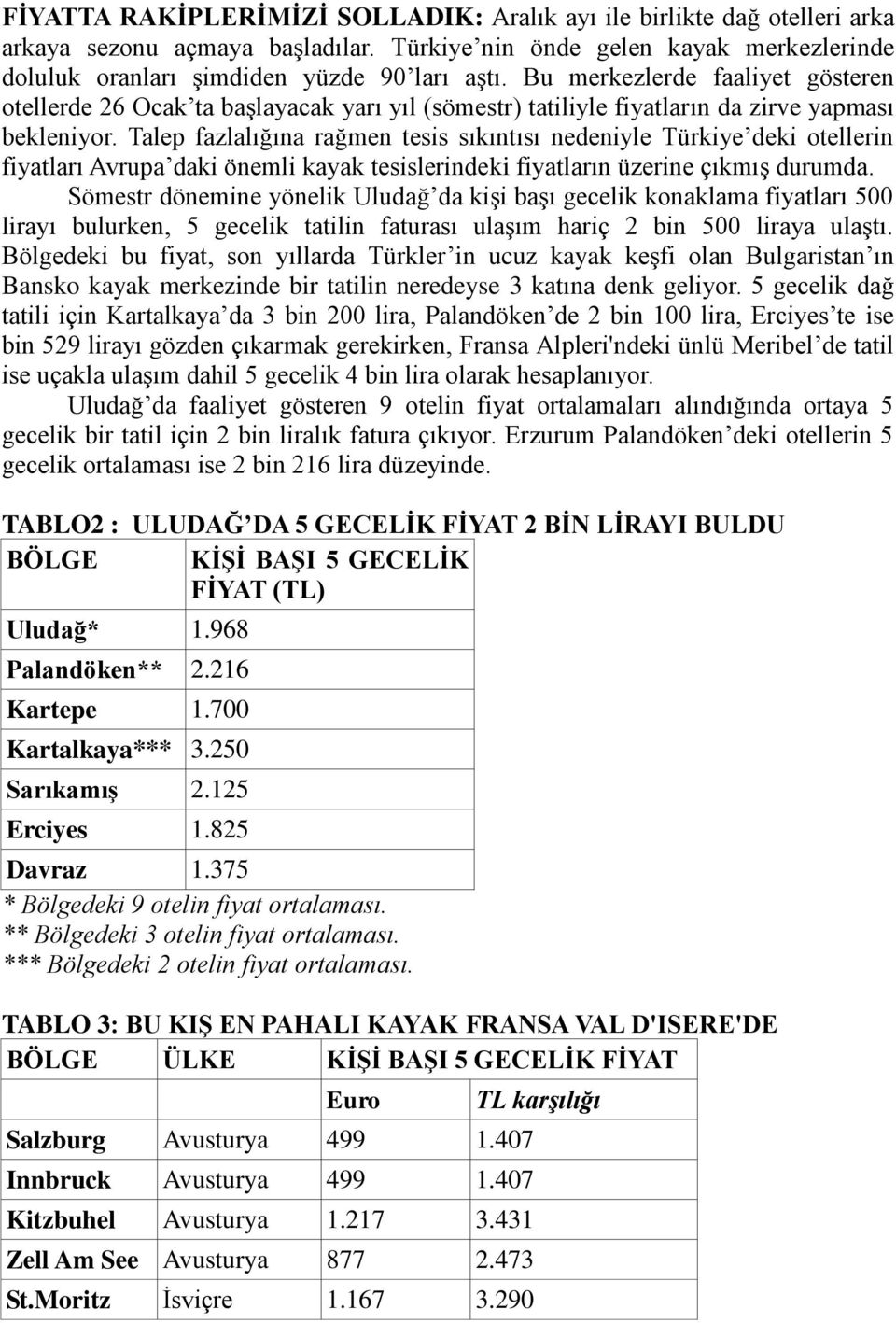 Talep fazlalığına rağmen tesis sıkıntısı nedeniyle Türkiye deki otellerin fiyatları Avrupa daki önemli kayak tesislerindeki fiyatların üzerine çıkmış durumda.