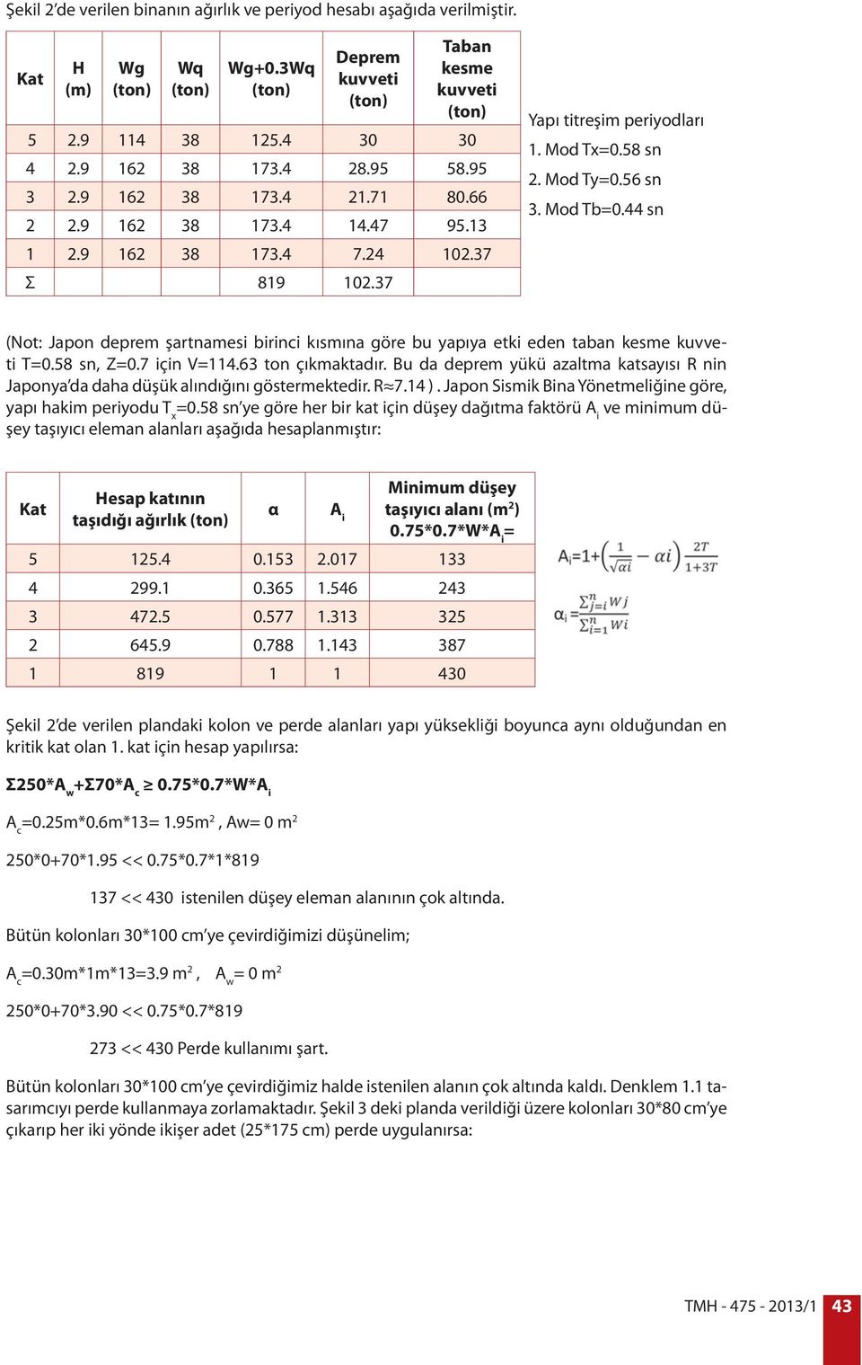 44 sn (Not: Japon deprem şartnamesi birinci kısmına göre bu yapıya etki eden taban kesme kuvveti T=0.58 sn, Z=0.7 için V=114.63 ton çıkmaktadır.