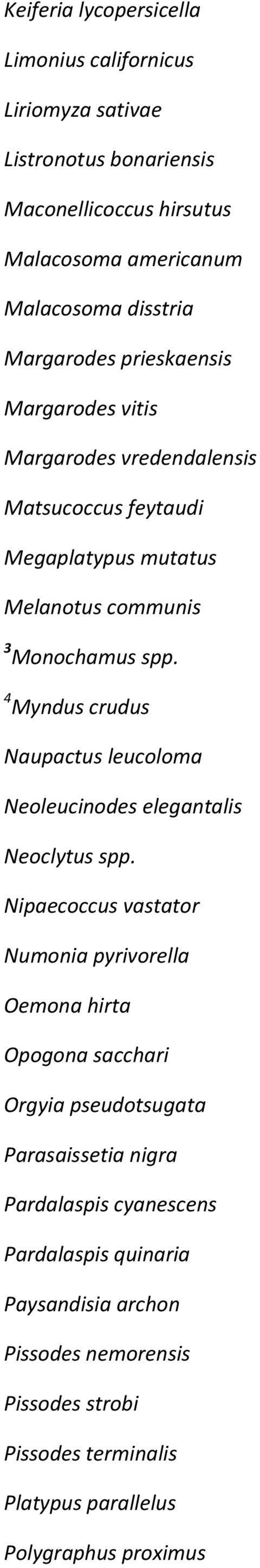 4 Myndus crudus Naupactus leucoloma Neoleucinodes elegantalis Neoclytus spp.