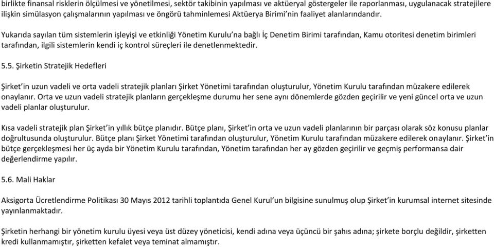 Yukarıda sayılan tüm sistemlerin işleyişi ve etkinliği Yönetim Kurulu na bağlı İç Denetim Birimi tarafından, Kamu otoritesi denetim birimleri tarafından, ilgili sistemlerin kendi iç kontrol süreçleri