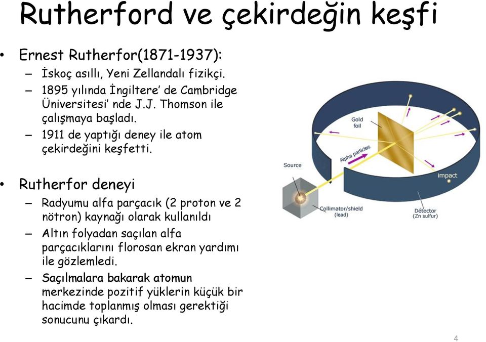 1911 de yaptığı deney ile atom çekirdeğini keşfetti.