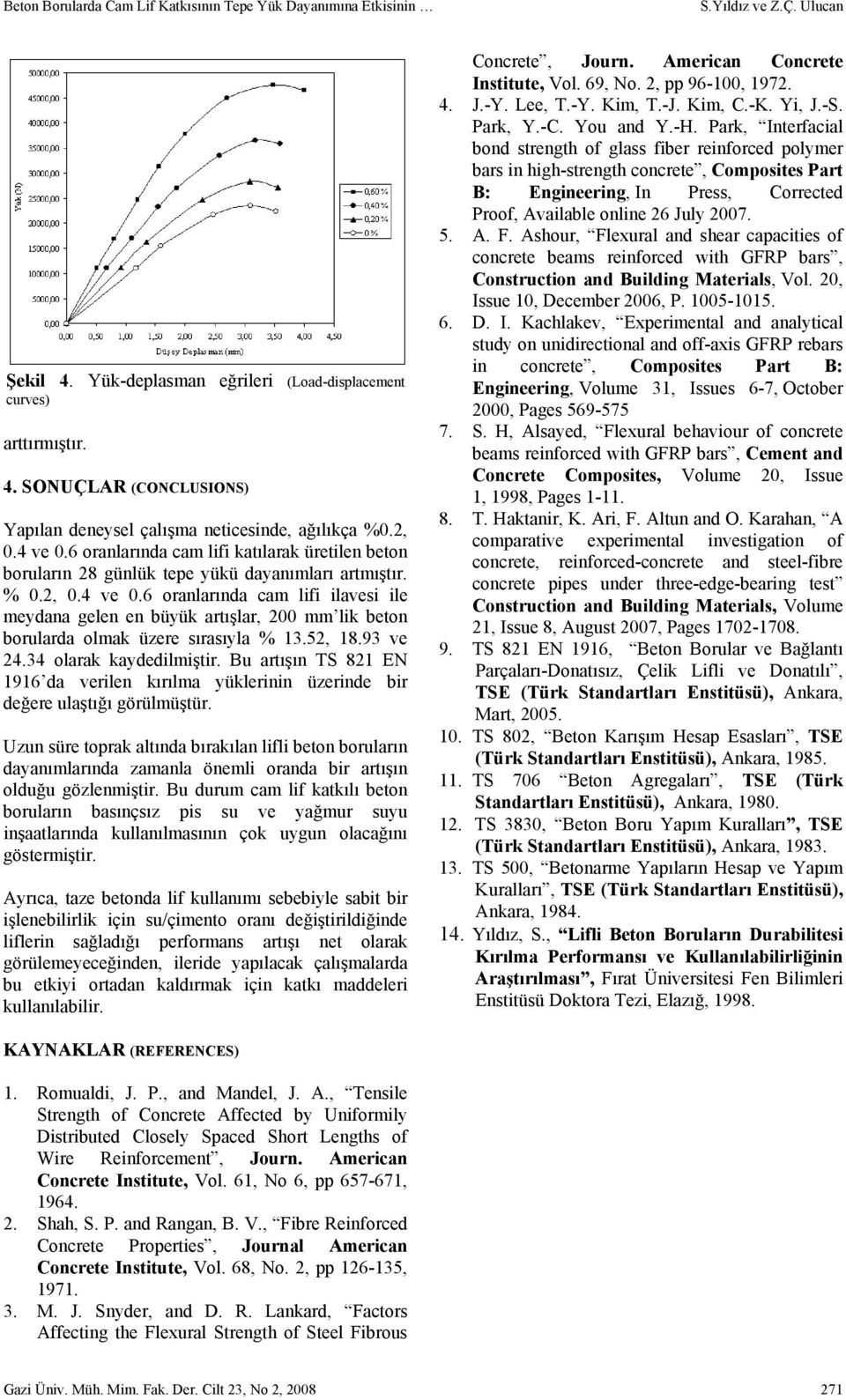 SONUÇLAR (CONCLUSIONS) Yapılan deneysel çalışma neticesinde, ağılıkça %, ve oranlarında cam lifi katılarak üretilen beton boruların 28 günlük tepe yükü dayanımları artmıştır.