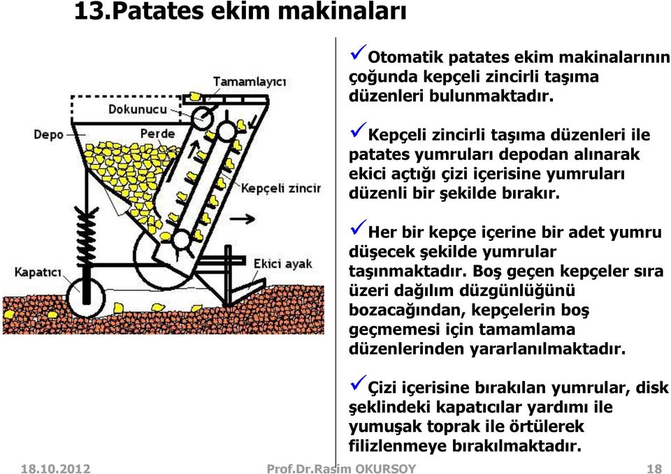 Her bir kepçe içerine bir adet yumru düşecek şekilde yumrular taşınmaktadır.