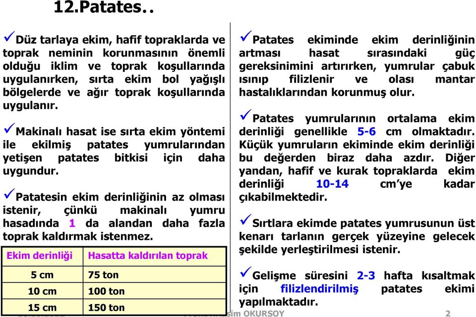 Makinalı hasat ise sırta ekim yöntemi ile ekilmiş patates yumrularından yetişen patates bitkisi için daha uygundur.