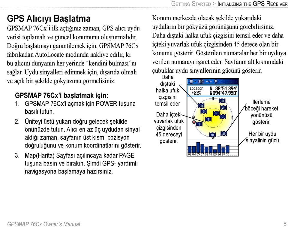 Uydu sinyalleri edinmek için, dışarıda olmalı ve açık bir şekilde gökyüzünü görmelisiniz. GPSMAP 76Cx i başlatmak için: 1. GPSMAP 76Cx i açmak için POWER tuşuna basılı tutun. 2.