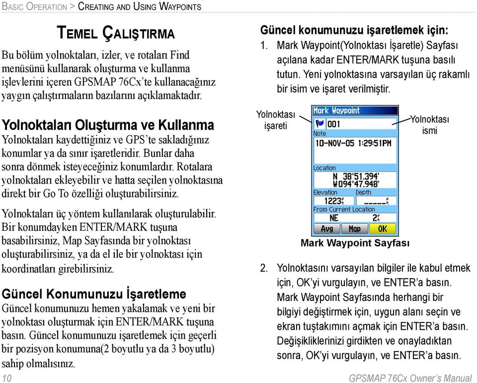 Bunlar daha sonra dönmek isteyeceğiniz konumlardır. Rotalara yolnoktaları ekleyebilir ve hatta seçilen yolnoktasına direkt bir Go To özelliği oluşturabilirsiniz. Güncel konumunuzu işaretlemek için: 1.