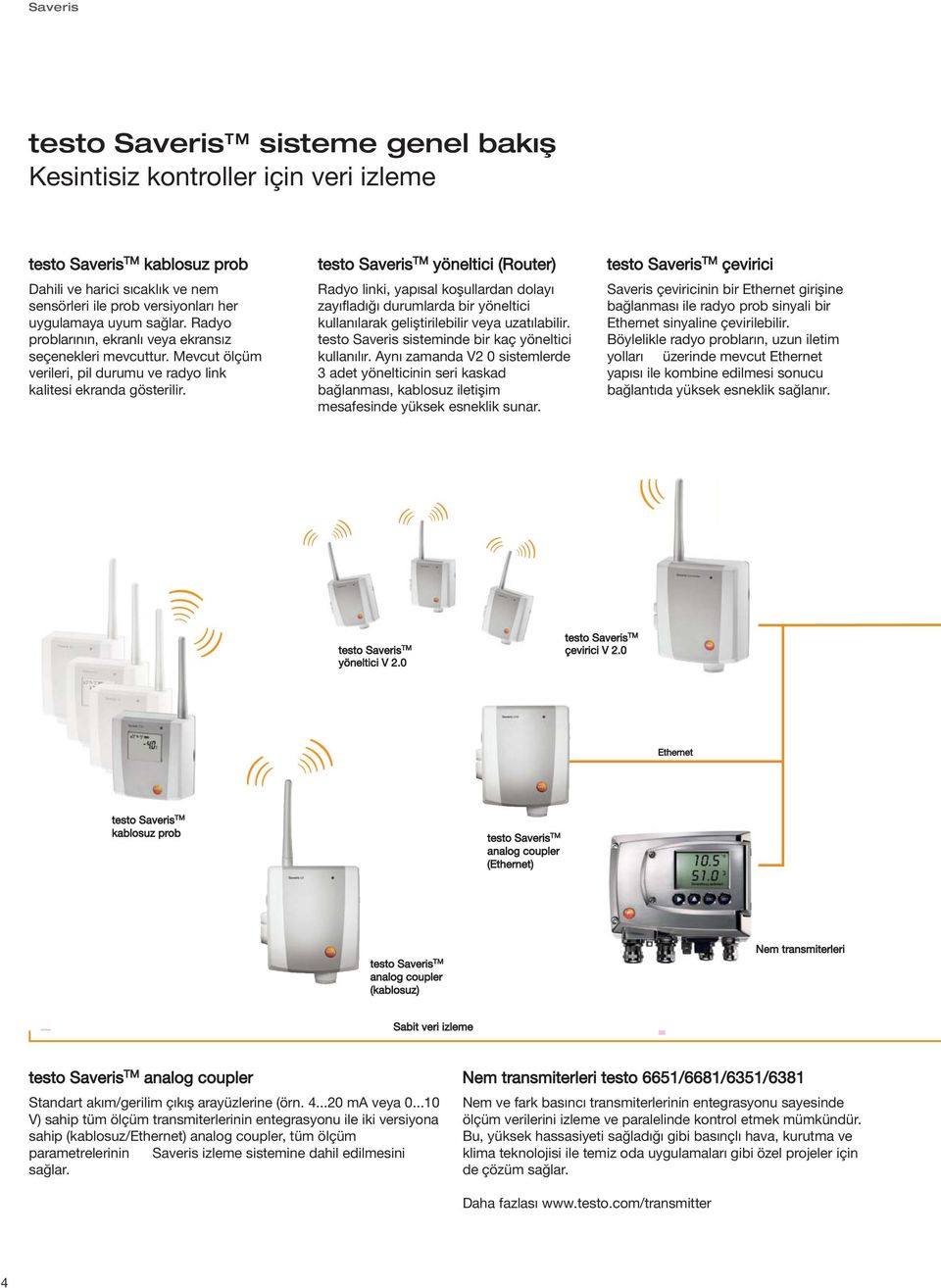 testo Saveris TM yöneltici (Router) Radyo linki, yapısal koşullardan dolayı zayıfladığı durumlarda bir yöneltici kullanılarak geliştirilebilir veya uzatılabilir.