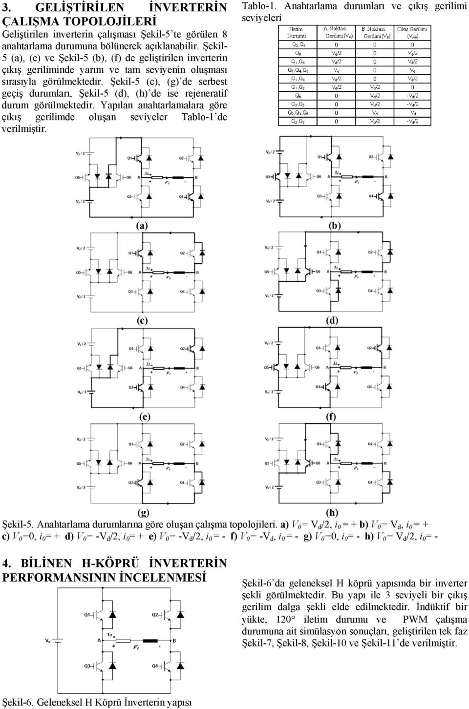 Şekil-5 (c), (g) de serbest geçiş durumları, Şekil-5 (d), (h) de ise rejeneratif durum görülmektedir. Yapılan anahtarlamalara göre çıkış gerilimde oluşan seviyeler Tablo-1 