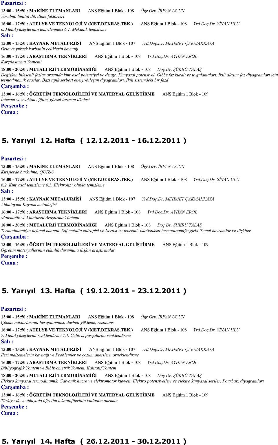 Doç.Dr. AYHAN EROL Karşılaştırma Yöntemi 18:00-20:50 : METALURJİ TERMODİNAMİĞİ ANS Eğitim 1 Blok - 108 Doç.Dr. ŞÜKRÜ TALAŞ Değişken bileşenli fazlar arasında kimyasal potensiyel ve denge.