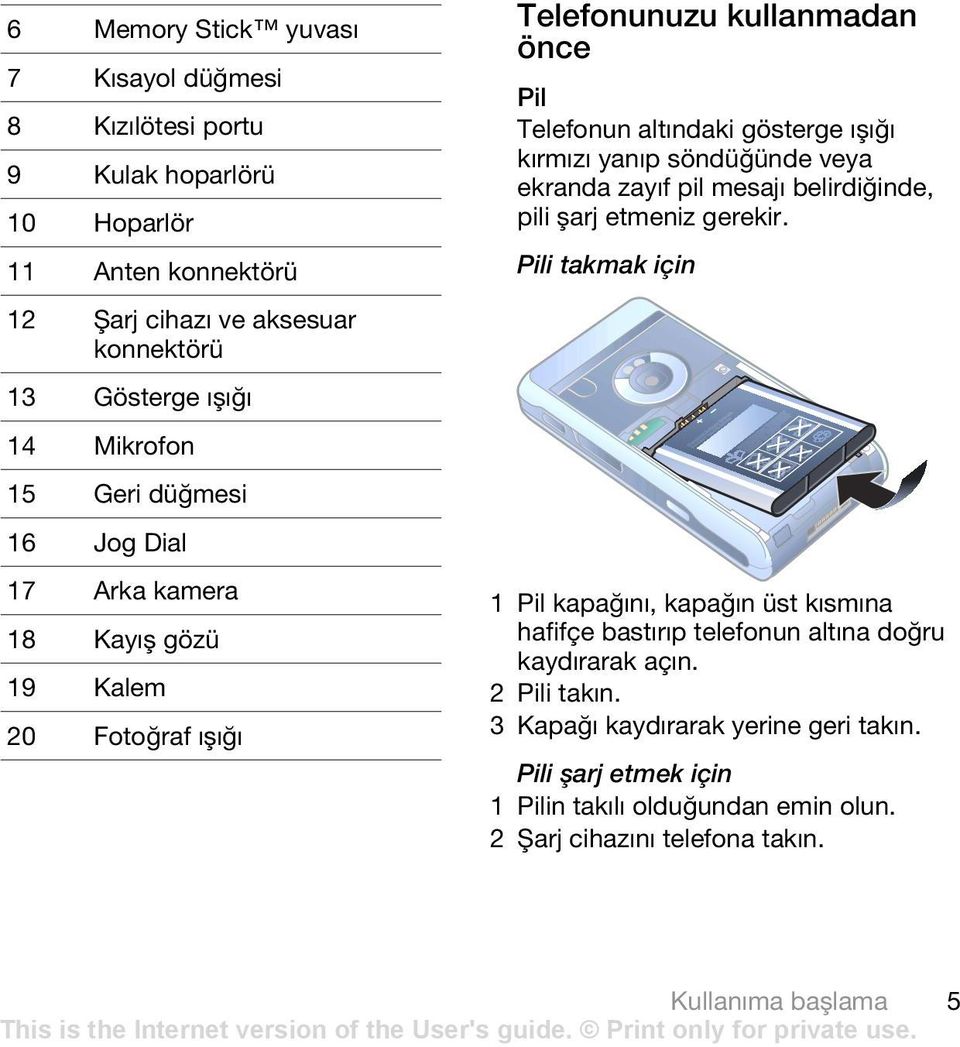 yanıp söndüğünde veya ekranda zayıf pil mesajı belirdiğinde, pili şarj etmeniz gerekir.