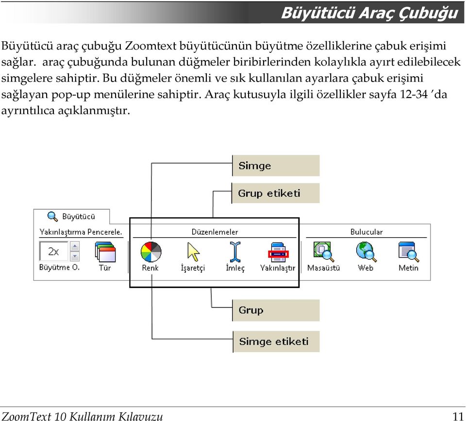 araç çubuğunda bulunan düğmeler biribirlerinden kolaylıkla ayırt edilebilecek simgelere