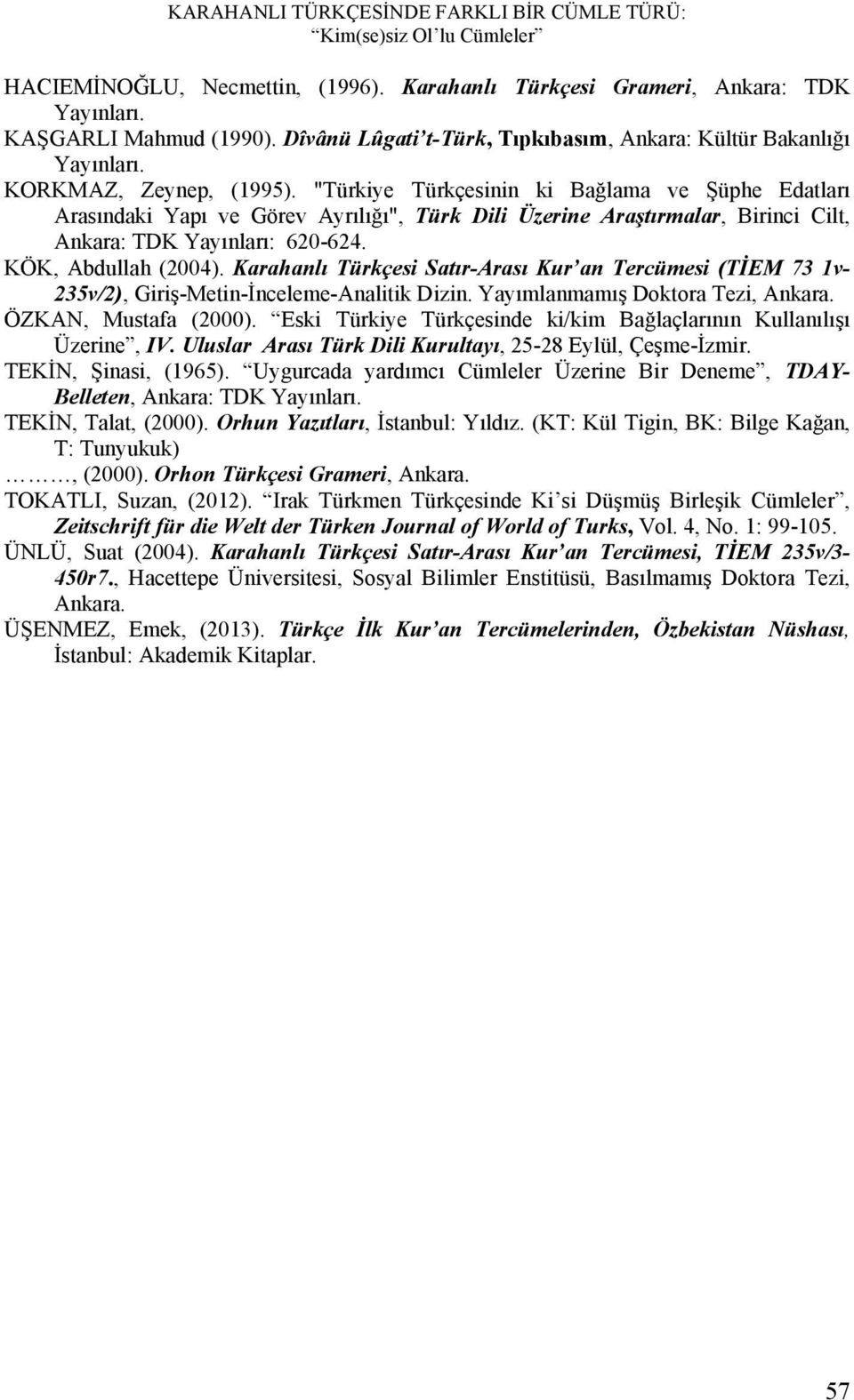 "Türkiye Türkçesinin ki Bağlama ve Şüphe Edatları Arasındaki Yapı ve Görev Ayrılığı", Türk Dili Üzerine Araştırmalar, Birinci Cilt, Ankara: TDK Yayınları: 620-624. KÖK, Abdullah (2004).