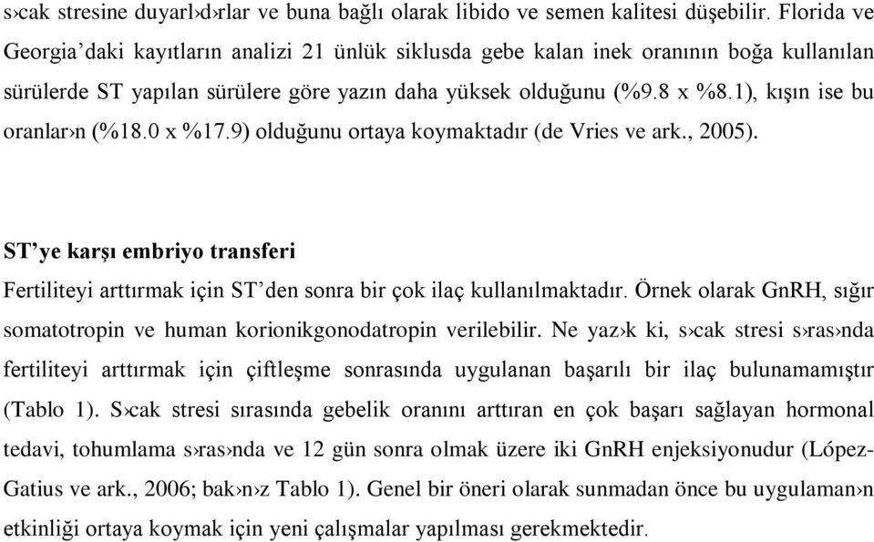 1), kışın ise bu oranlar n (%18.0 x %17.9) olduğunu ortaya koymaktadır (de Vries ve ark., 2005). ST ye karşı embriyo transferi Fertiliteyi arttırmak için ST den sonra bir çok ilaç kullanılmaktadır.