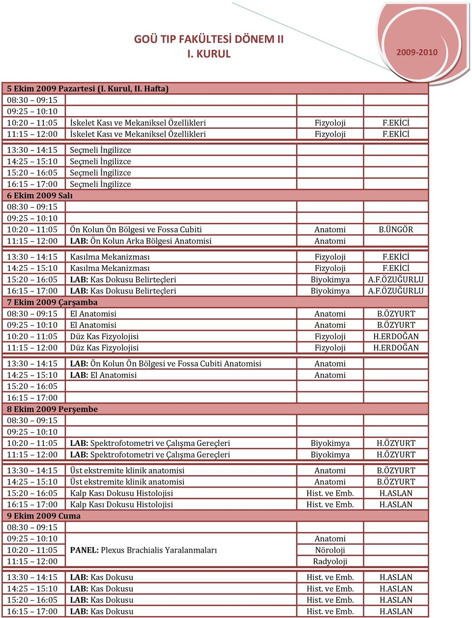 ÜNGÖR 11:15 12:00 LAB: Ön Kolun Arka Bölgesi Anatomisi Anatomi 13:30 14:15 Kasılma Mekanizması Fizyoloji F.EKİCİ 14:25 15:10 Kasılma Mekanizması Fizyoloji F.