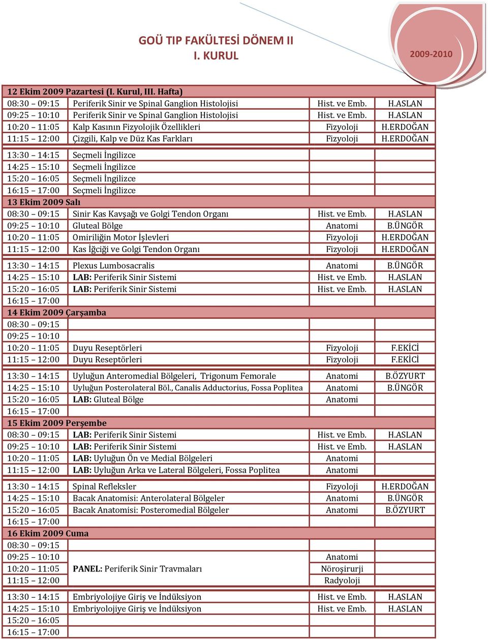 ÜNGÖR 10:20 11:05 Omiriliğin Motor İşlevleri Fizyoloji H.ERDOĞAN 11:15 12:00 Kas İğciği ve Golgi Tendon Organı Fizyoloji H.ERDOĞAN 13:30 14:15 Plexus Lumbosacralis Anatomi B.