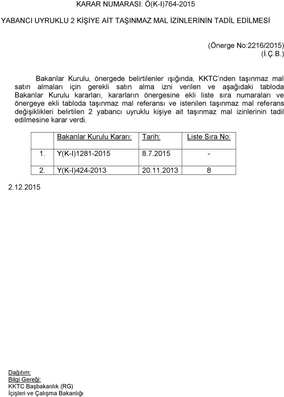 ) Bakanlar Kurulu, önergede belirtilenler ışığında, KKTC nden taşınmaz mal satın almaları için gerekli satın alma izni verilen ve aşağıdaki tabloda Bakanlar Kurulu