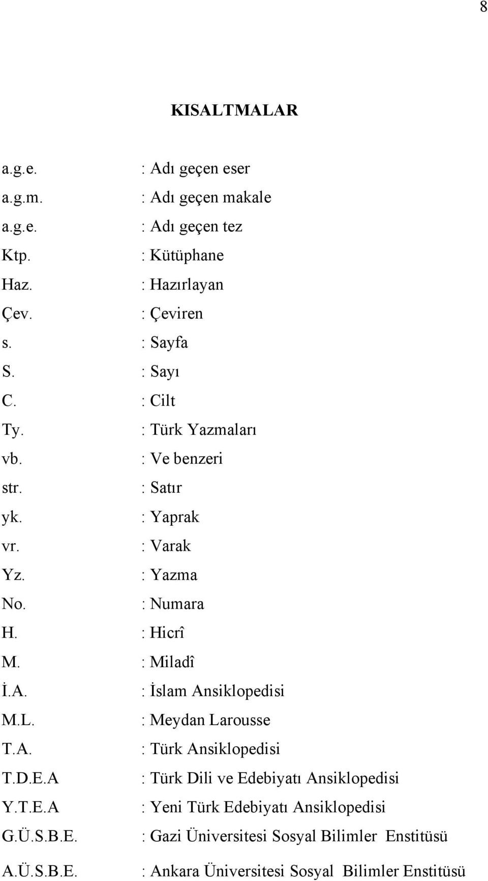 : Miladî İ.A. : İslam Ansiklopedisi M.L. : Meydan Larousse T.A. : Türk Ansiklopedisi T.D.E.A : Türk Dili ve Edebiyatı Ansiklopedisi Y.T.E.A : Yeni Türk Edebiyatı Ansiklopedisi G.