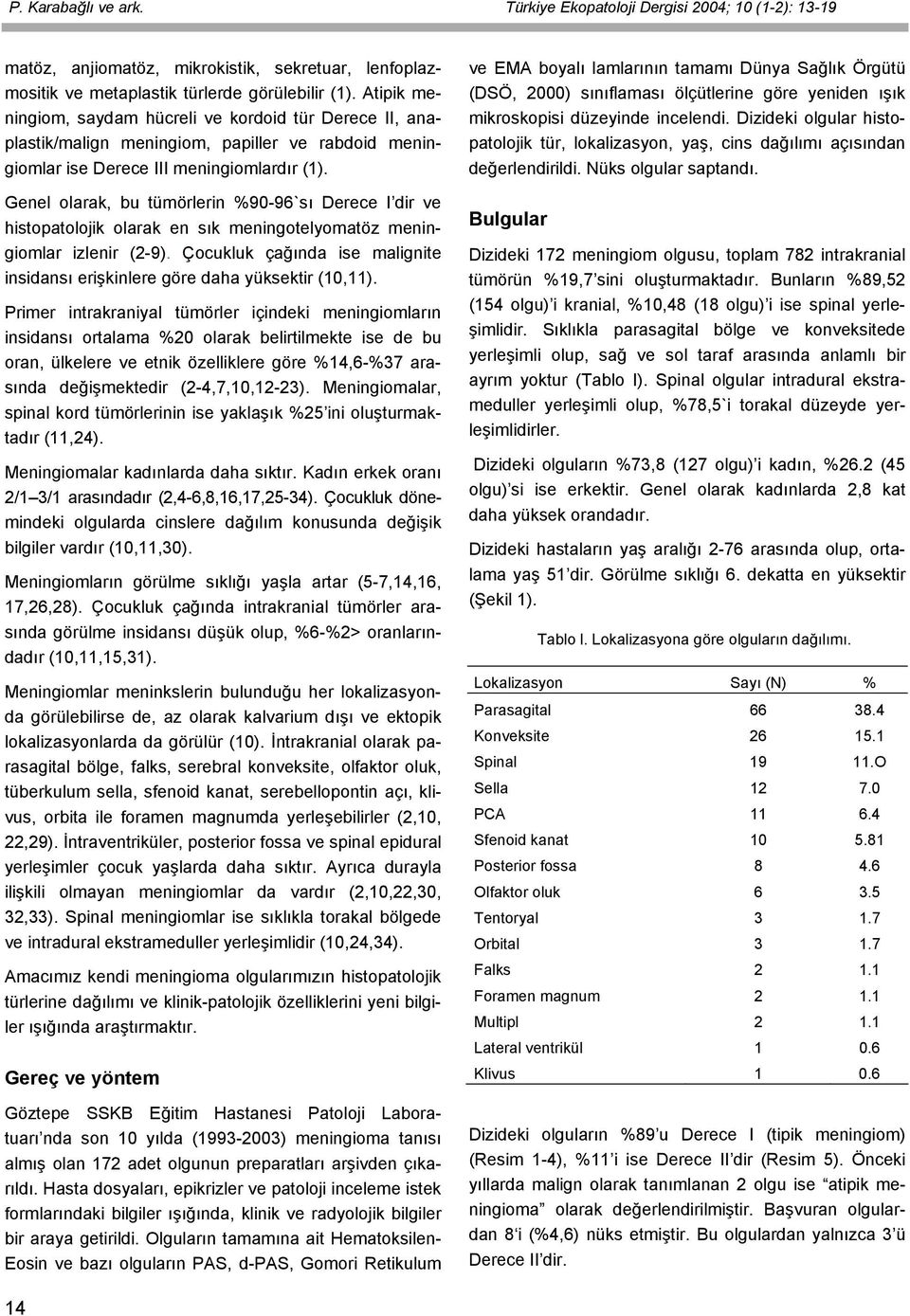 Genel olarak, bu tümörlerin %90-96`sı Derece I dir ve histopatolojik olarak en sık meningotelyomatöz meningiomlar izlenir (2-9).