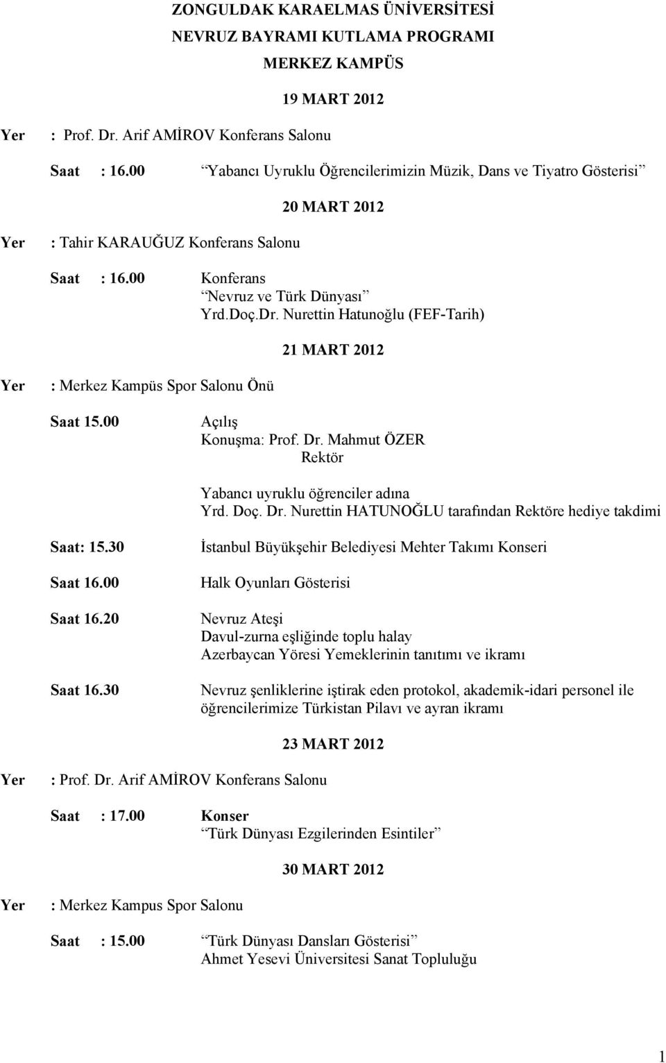 Nurettin Hatunoğlu (FEF-Tarih) : Merkez Kampüs Spor Salonu Önü Saat 15.00 Açılış Konuşma: Prof. Dr. Mahmut ÖZER Rektör Yabancı uyruklu öğrenciler adına Yrd. Doç. Dr. Nurettin HATUNOĞLU tarafından Rektöre hediye takdimi Saat: 15.