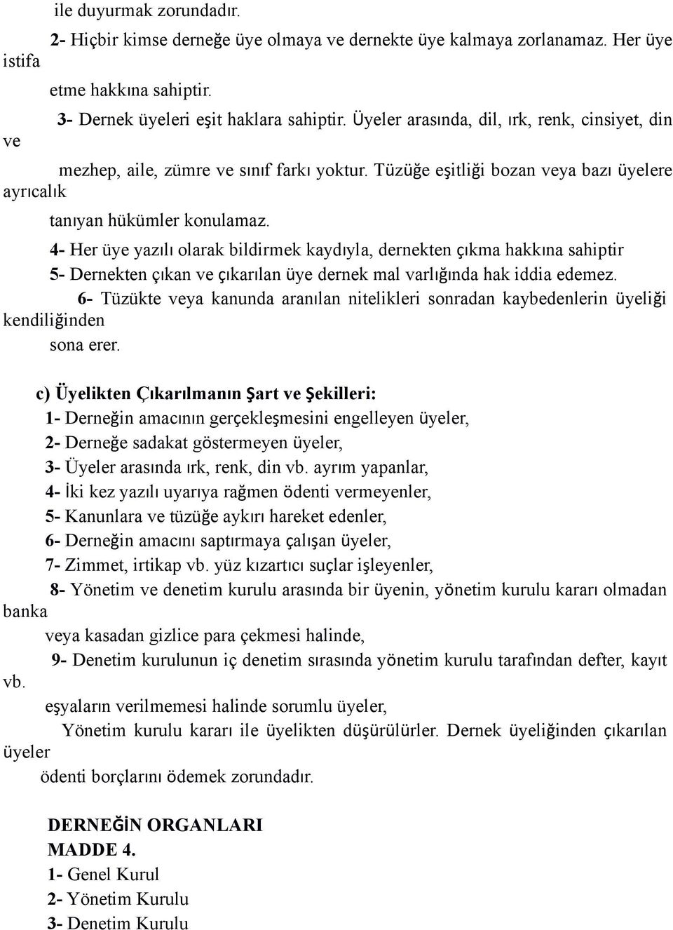 4- Her üye yazılı olarak bildirmek kaydıyla, dernekten çıkma hakkına sahiptir 5- Dernekten çıkan ve çıkarılan üye dernek mal varlığında hak iddia edemez.