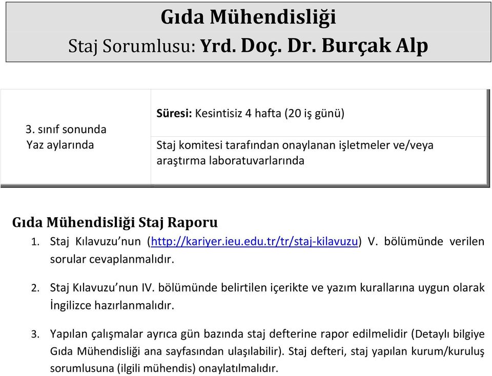 Staj Kılavuzu nun (http://kariyer.ieu.edu.tr/tr/staj-kilavuzu) V. bölümünde verilen sorular cevaplanmalıdır. 2. Staj Kılavuzu nun IV.