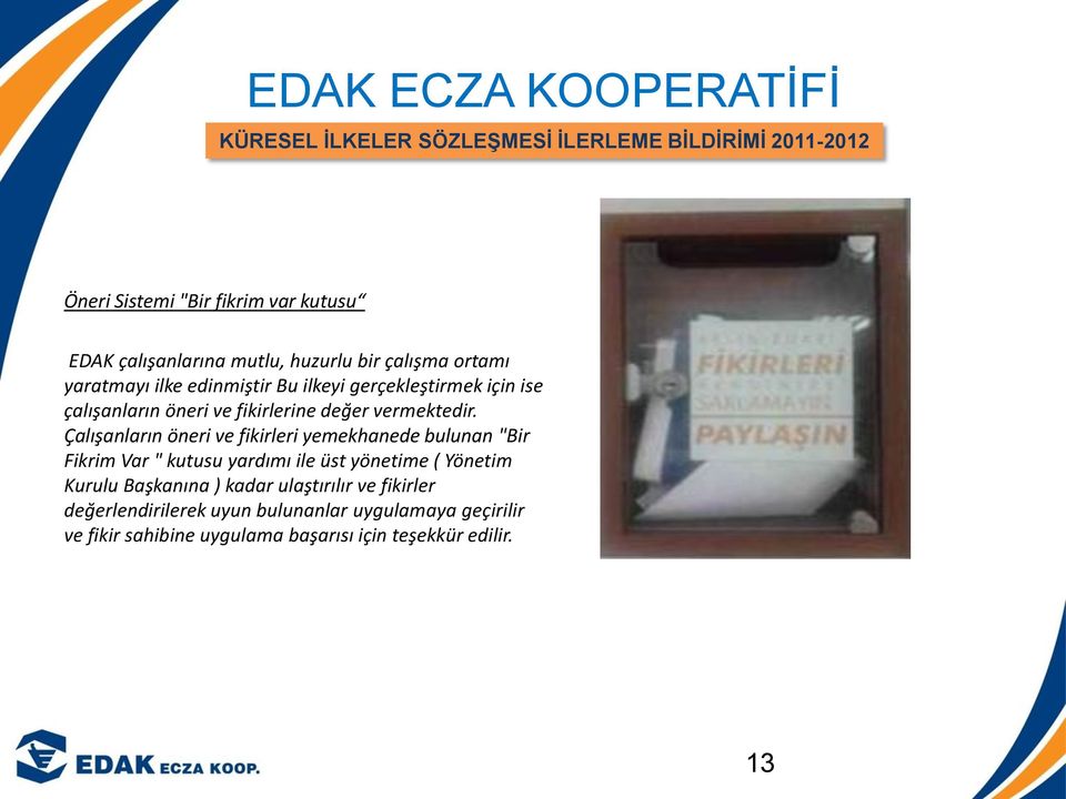 Çalışanların öneri ve fikirleri yemekhanede bulunan "Bir Fikrim Var " kutusu yardımı ile üst yönetime ( Yönetim Kurulu