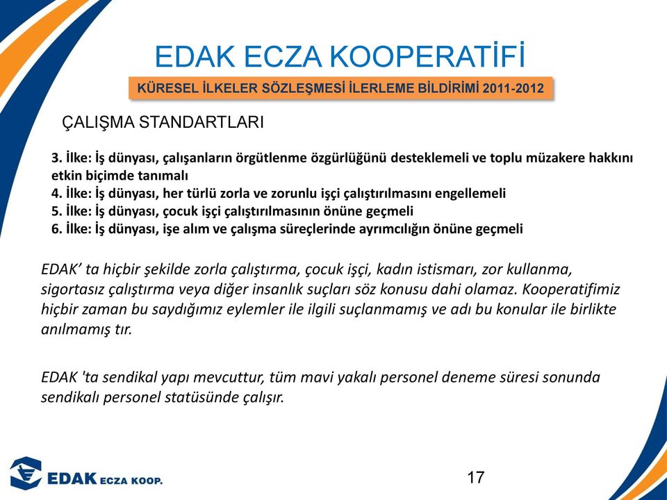 İlke: İş dünyası, işe alım ve çalışma süreçlerinde ayrımcılığın önüne geçmeli EDAK ta hiçbir şekilde zorla çalıştırma, çocuk işçi, kadın istismarı, zor kullanma, sigortasız çalıştırma veya