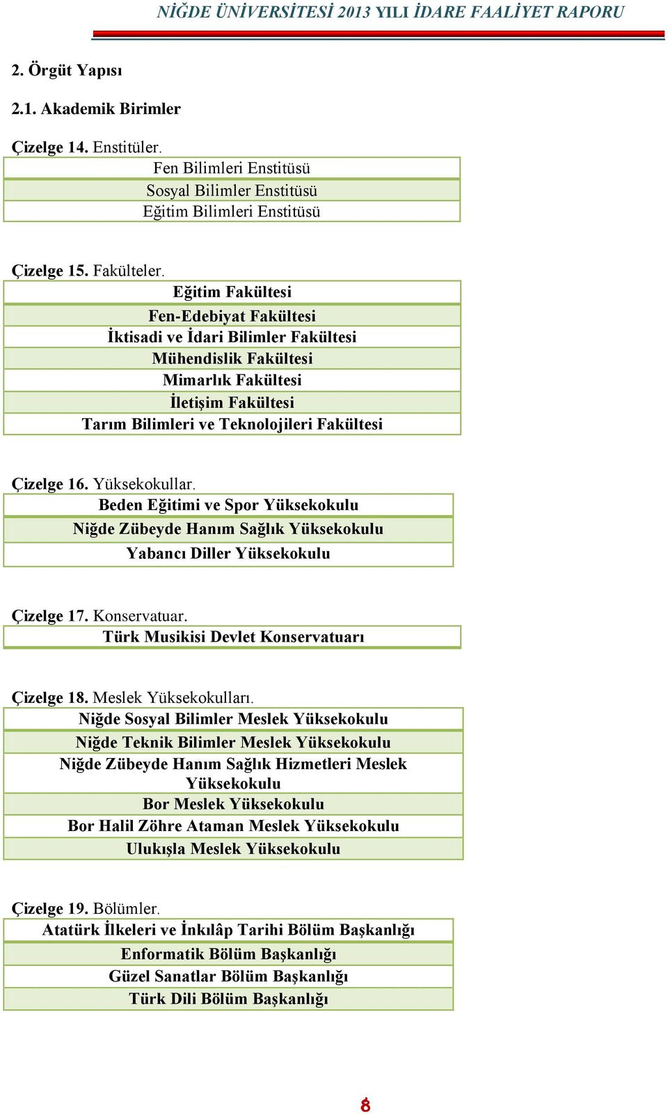 Yüksekokullar. Beden Eğitimi ve Spor Yüksekokulu Niğde Zübeyde Hanım Sağlık Yüksekokulu Yabancı Diller Yüksekokulu Çizelge 17. Konservatuar. Türk Musikisi Devlet Konservatuarı Çizelge 18.