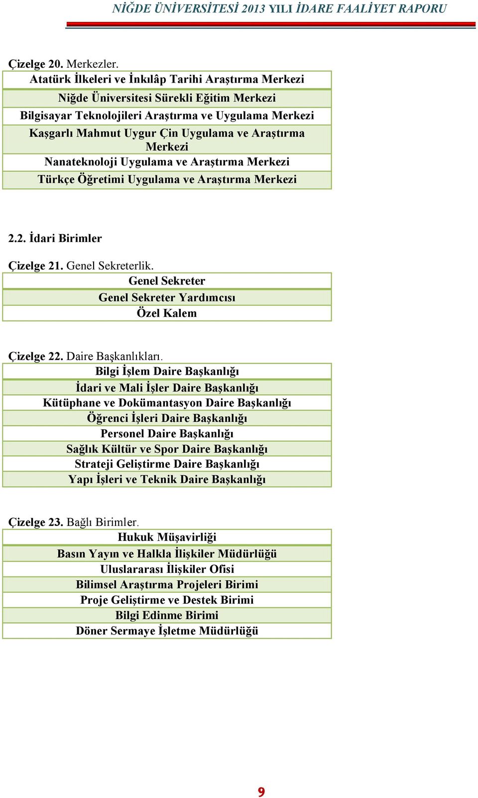 Merkezi Nanateknoloji Uygulama ve AraĢtırma Merkezi Türkçe Öğretimi Uygulama ve AraĢtırma Merkezi 2.2. Ġdari Birimler Çizelge 21. Genel Sekreterlik.