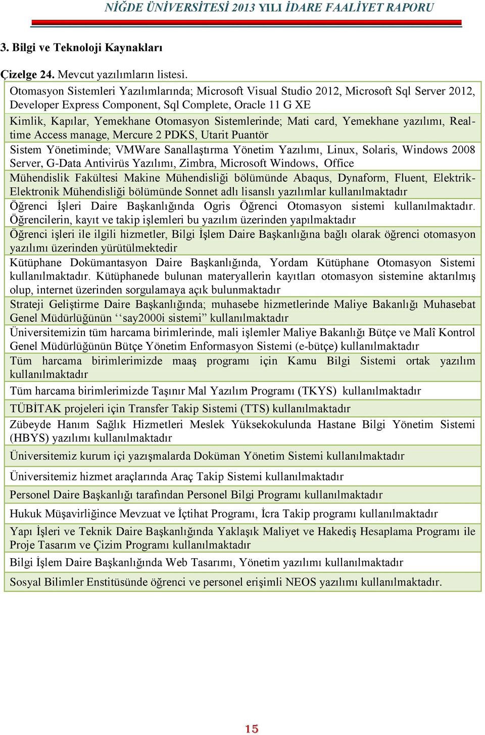 Sistemlerinde; Mati card, Yemekhane yazılımı, Realtime Access manage, Mercure 2 PDKS, Utarit Puantör Sistem Yönetiminde; VMWare SanallaĢtırma Yönetim Yazılımı, Linux, Solaris, Windows 2008 Server,