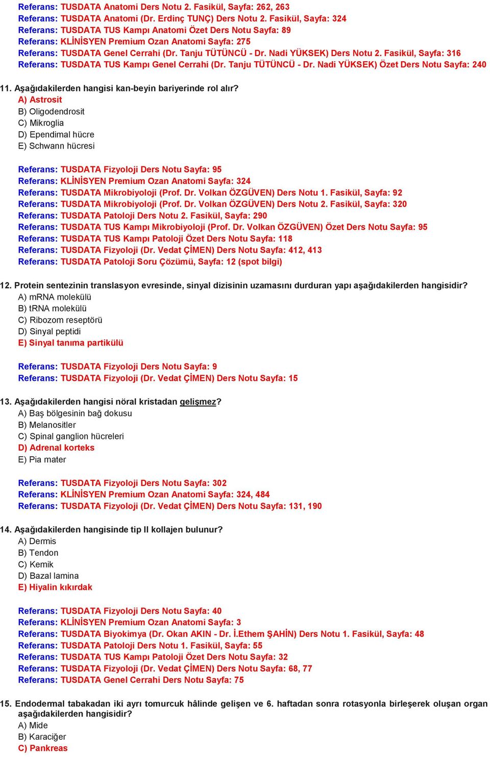 Nadi YÜKSEK) Ders Notu 2. Fasikül, Sayfa: 316 Referans: TUSDATA TUS Kampı Genel Cerrahi (Dr. Tanju TÜTÜNCÜ - Dr. Nadi YÜKSEK) Özet Ders Notu Sayfa: 240 11.