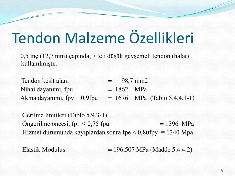 Tendon kesit alanı = 98,7 mm2 Nihai dayanımı, fpu = 1862 MPa Akma dayanımı, fpy = 0,9fpu = 1676 MPa