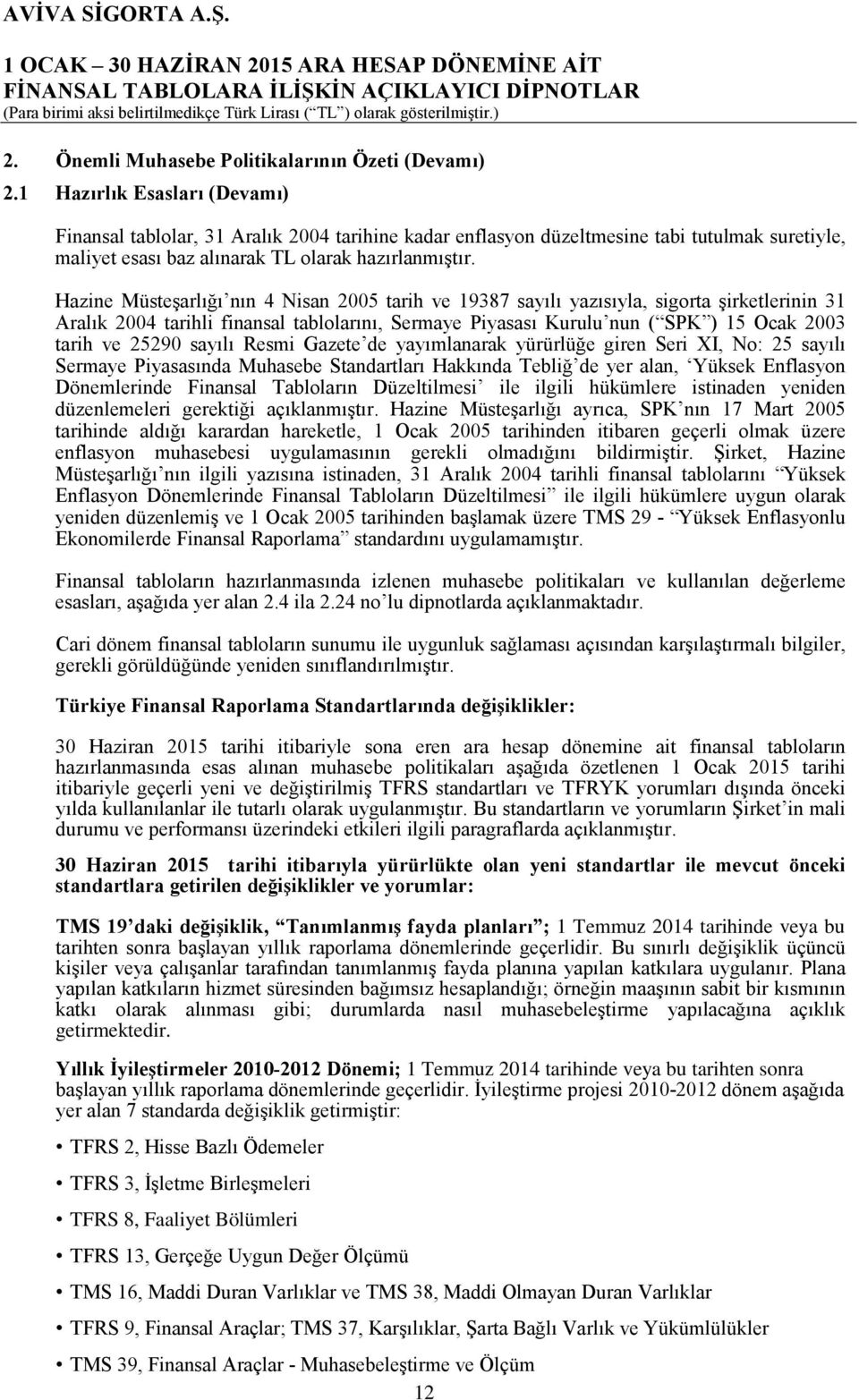 Hazine Müsteşarlığı nın 4 Nisan 2005 tarih ve 19387 sayılı yazısıyla, sigorta şirketlerinin 31 Aralık 2004 tarihli finansal tablolarını, Sermaye Piyasası Kurulu nun ( SPK ) 15 Ocak 2003 tarih ve