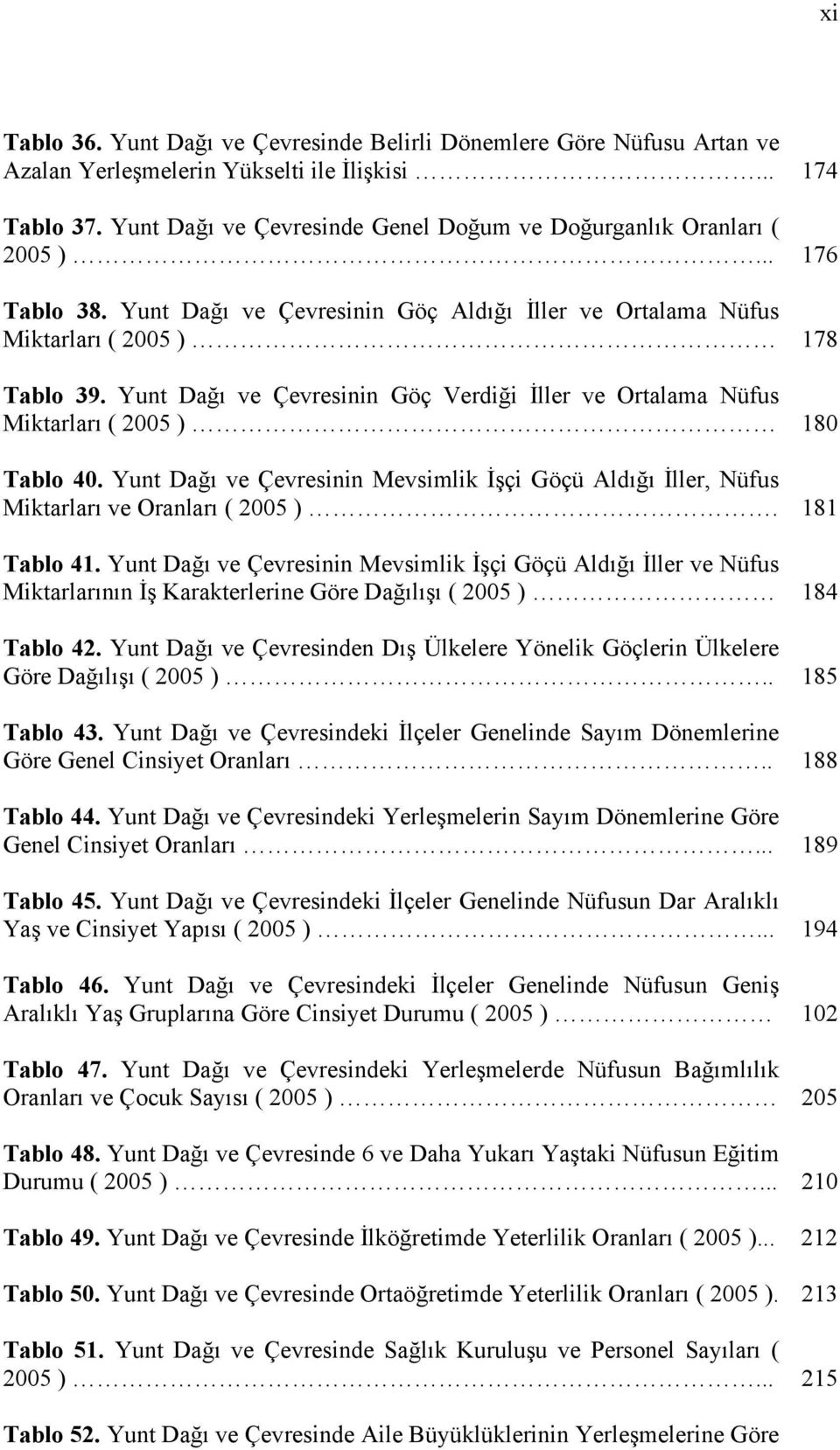 Yunt Dağı ve Çevresinin Göç Verdiği İller ve Ortalama Nüfus Miktarları ( 2005 ) 180 Tablo 40. Yunt Dağı ve Çevresinin Mevsimlik İşçi Göçü Aldığı İller, Nüfus Miktarları ve Oranları ( 2005 ).