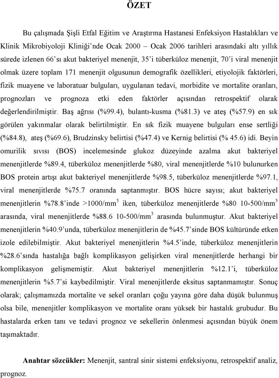 uygulanan tedavi, morbidite ve mortalite oranlarõ, prognozlarõ ve prognoza etki eden faktörler açõsõndan retrospektif olarak değerlendirilmiştir. Baş ağrõsõ (%99.4), bulantõ-kusma (%81.