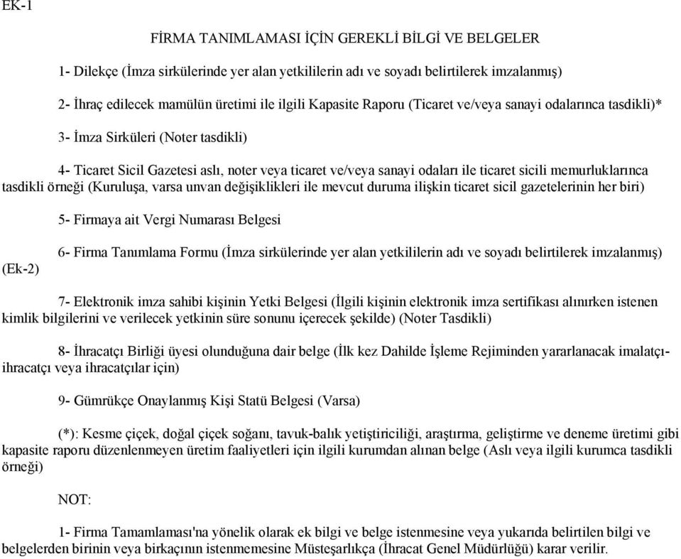 tasdikli örneği (Kuruluşa, varsa unvan değişiklikleri ile mevcut duruma ilişkin ticaret sicil gazetelerinin her biri) 5- Firmaya ait Vergi Numarası Belgesi (Ek-2) 6- Firma Tanımlama Formu (İmza