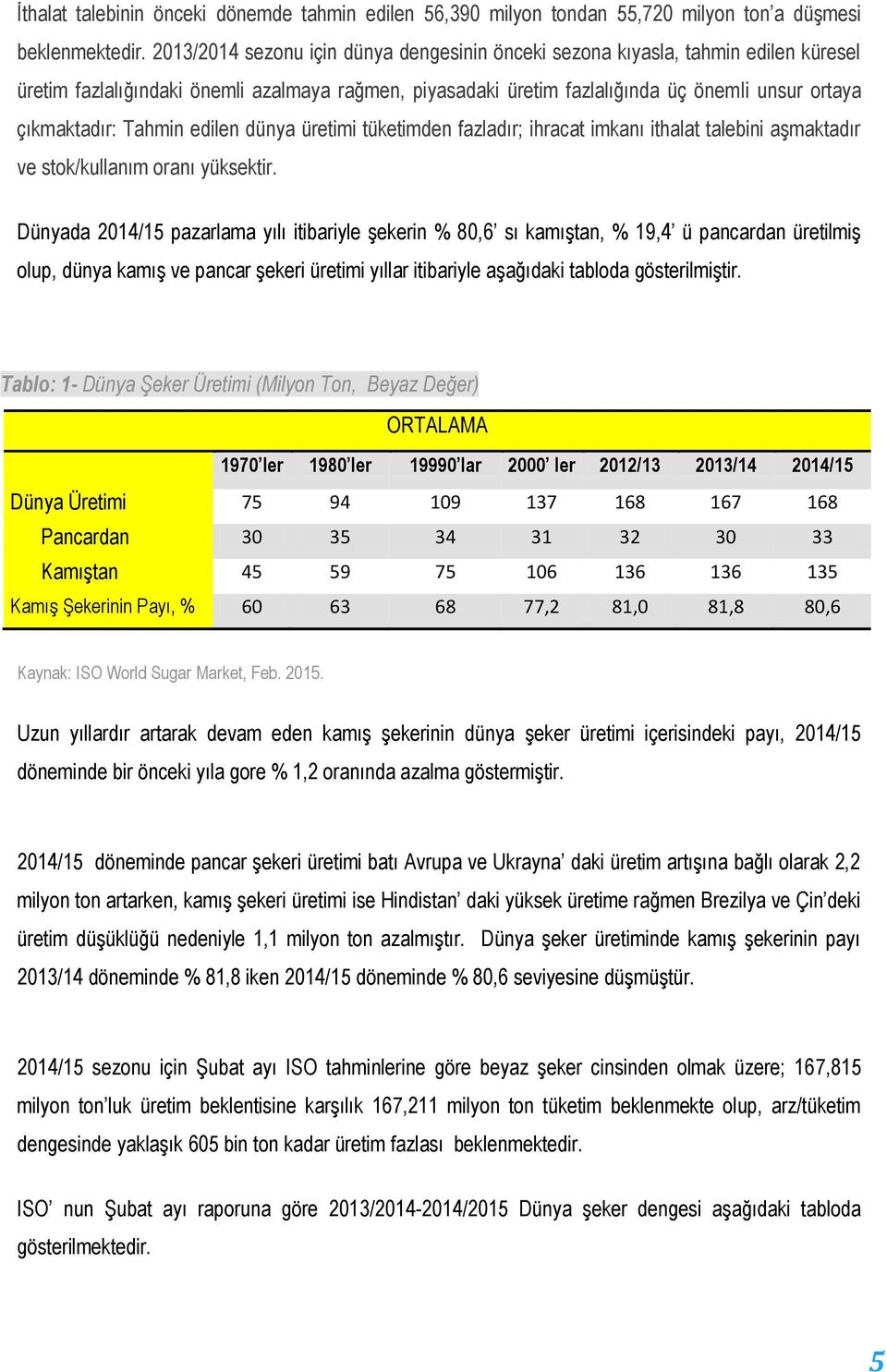 Tahmin edilen dünya üretimi tüketimden fazladır; ihracat imkanı ithalat talebini aşmaktadır ve stok/kullanım oranı yüksektir.