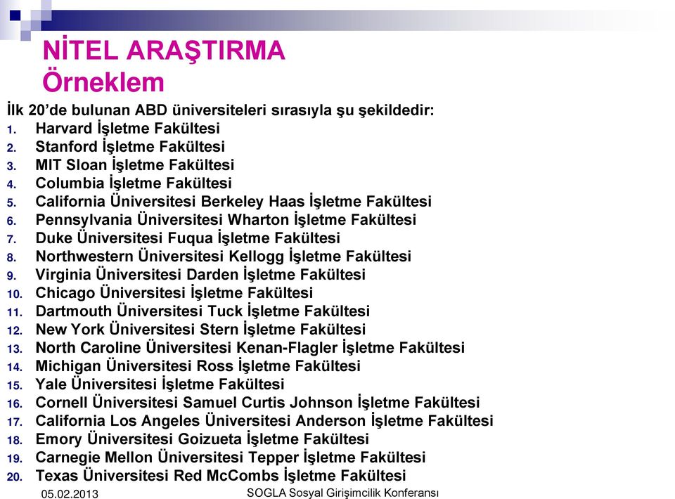 Northwestern Üniversitesi Kellogg İşletme Fakültesi 9. Virginia Üniversitesi Darden İşletme Fakültesi 10. Chicago Üniversitesi İşletme Fakültesi 11. Dartmouth Üniversitesi Tuck İşletme Fakültesi 12.