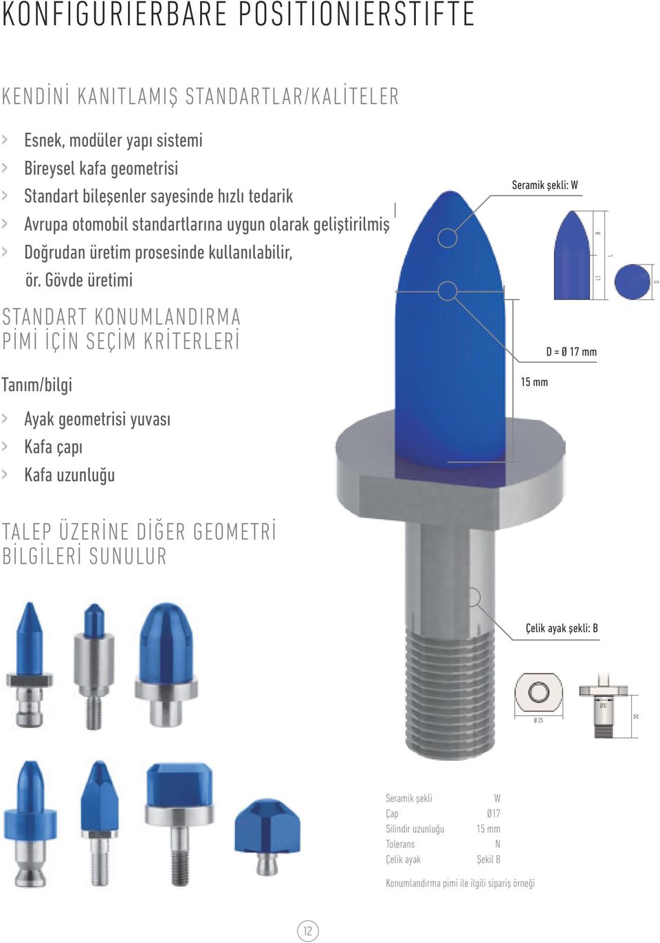 Gövde üretimi Seramik şekli: W L1 B D STANDART KONUMLANDIRMA PİMİ İÇİN SEÇİM KRİTERLERİ D = Ø 17 mm Tanım/bilgi 15 mm > > Ayak geometrisi yuvası > > Kafa çapı > > Kafa