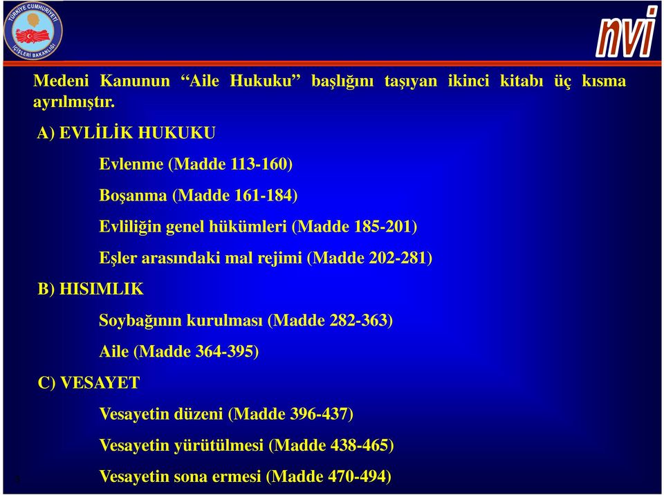 hükümleri (Madde 185-201) Eşler arasındaki mal rejimi (Madde 202-281) Soybağının kurulması (Madde