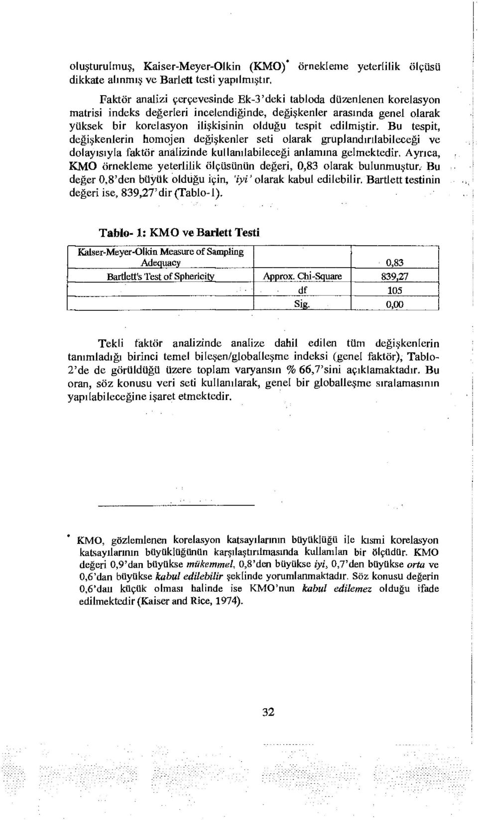 Bu tespit, değişkenlerin hmjen değişkenler seti larak grup]andırılabileceği ve dlayısıyla faktör analizinde kullanılabileceği anlama gelmektedir.