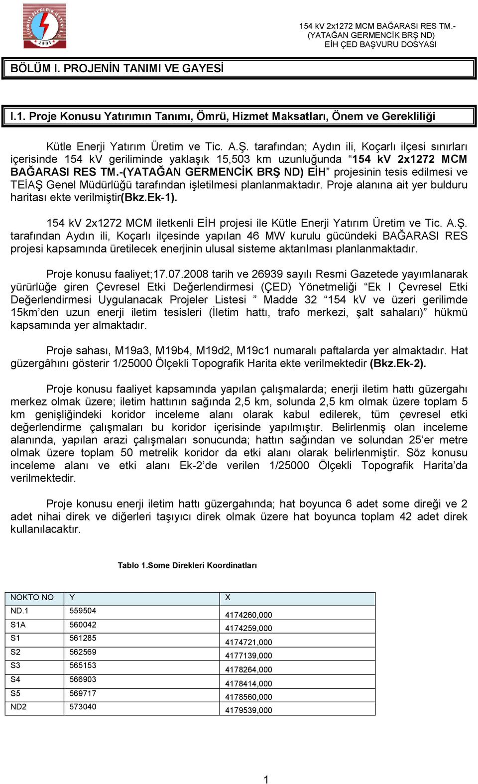 -(YATAĞAN GERMENCİK BRŞ ND) EİH projesinin tesis edilmesi ve TEİAŞ Genel Müdürlüğü tarafından işletilmesi planlanmaktadır. Proje alanına ait yer bulduru haritası ekte verilmiştir(bkz.ek-1).