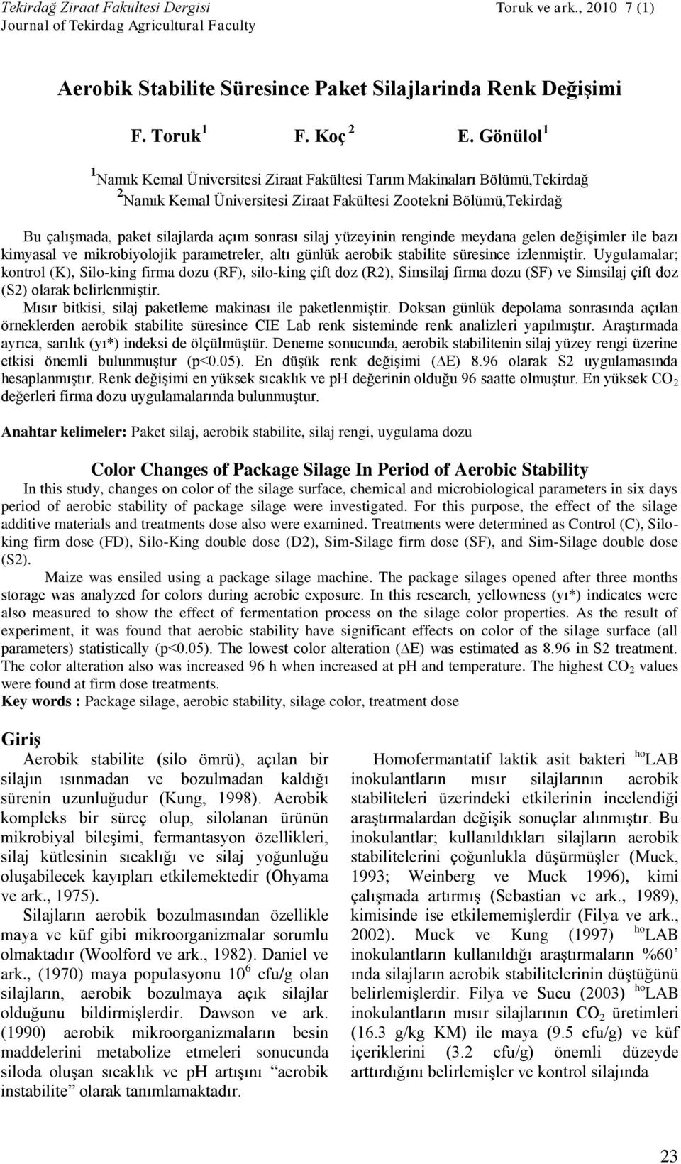 silaj yüzeyinin renginde meydana gelen değişimler ile bazı kimyasal ve mikrobiyolojik parametreler, altı günlük aerobik stabilite süresince izlenmiştir.